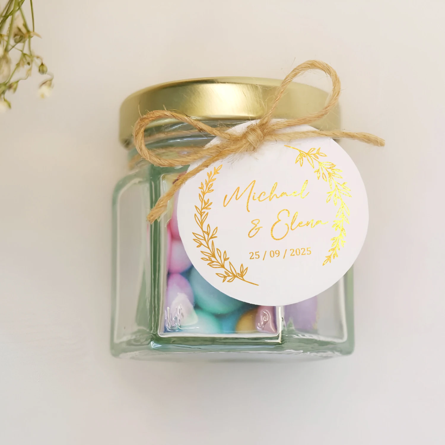 50pcs Round Custom Wedding Labels, Gold Foil Name Tags Wedding, Personalized Wedding Tag