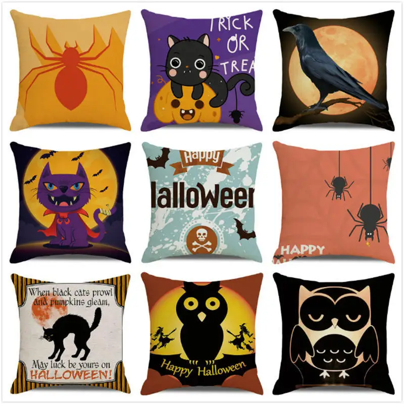 

Funny Cat Dog Cartoon Pillow Cover "I smell Children" Halloween Cushion Cover Sofa Decor Pumpkin Bat Skull Spider Web Pillowcase