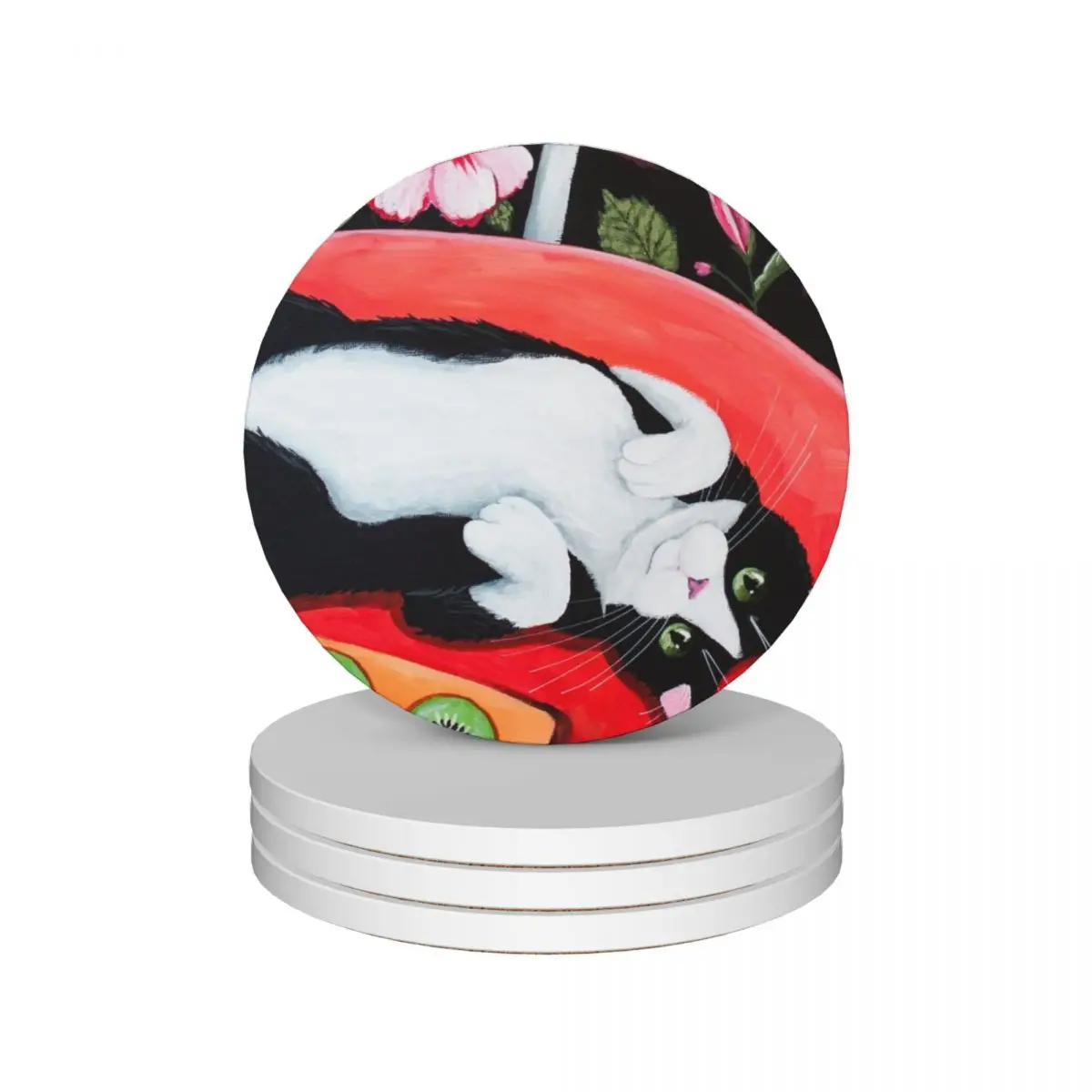 Tuxedo Cat on the Kitchen Table Ceramic Coasters (Set of 4) tile for ceramics Coasters