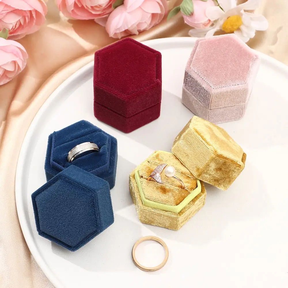 Hexagon Shape Velvet Jewelry Box Double Ring Storage Box Woman Gift Earrings Package Case Wedding Ring Display Packaging Box