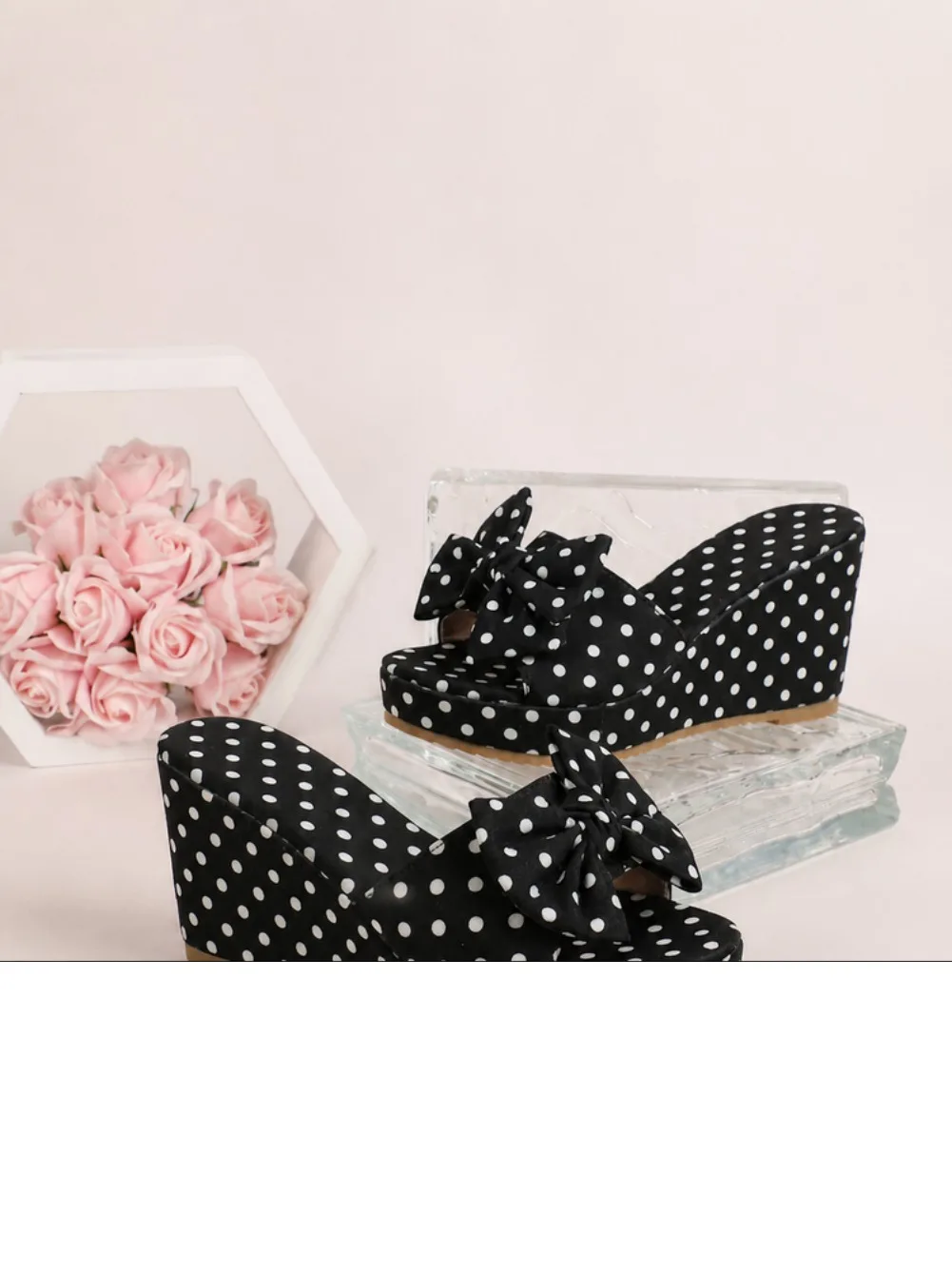 Übergröße 43 Damen Polka Dot Keilabsatz-Sandalen mit Schleifendekor Knöchelriemen Plateau-Schuhe Sommer Strand Fußbekleidung – Detail 5