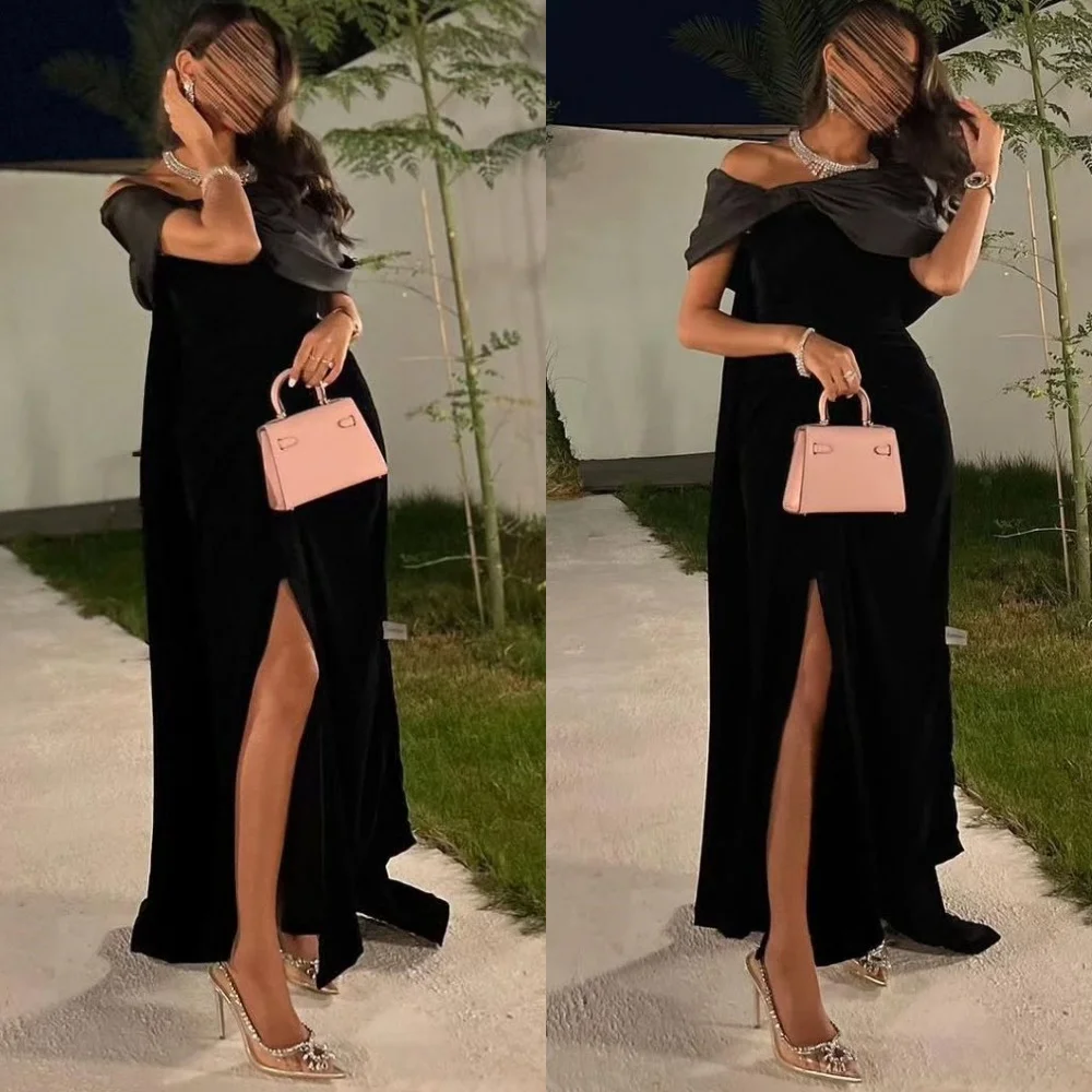 ที่กําหนดเองสีดํา Mermaid ชุดราตรี A-Line ง่าย Sweep Train JERSEY PARTY ชุดปิดไหล่แขนสั้นชุดราตรี