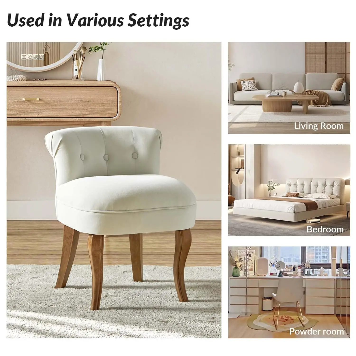 Velvet Vanity Stool with Low Back, Modern Vanity Chair with Solid Wood Legs, Small Upholstered Makeup Chair Home, Customized view 6
