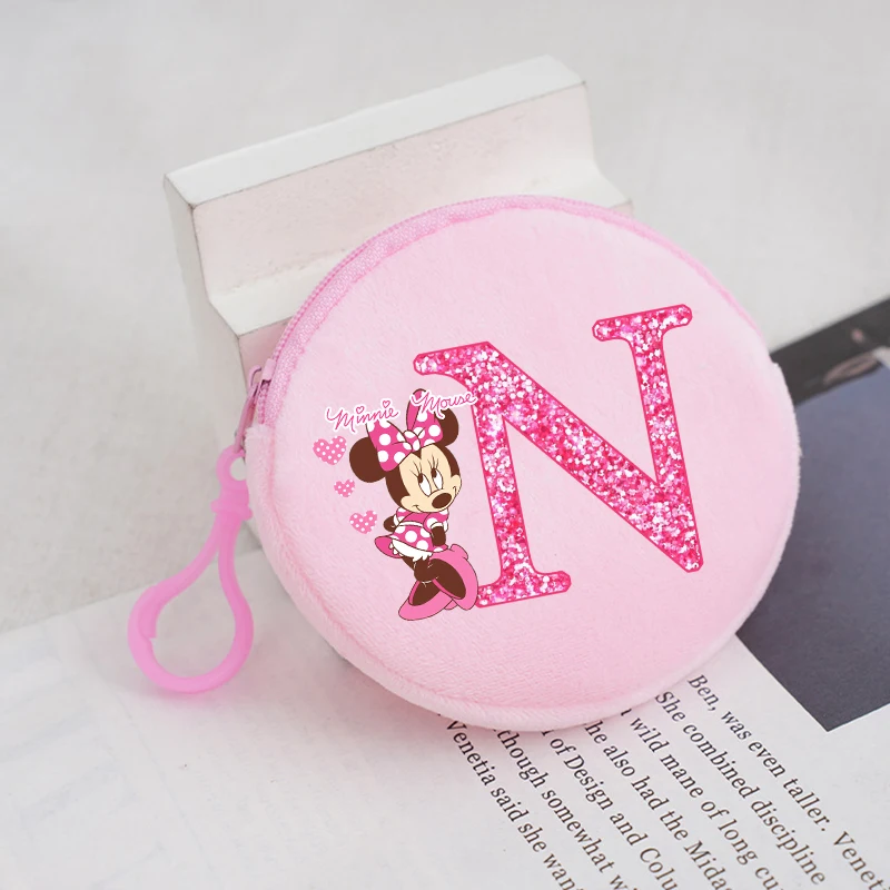 Minnie Mouse Round Plush Coin Purse Disney Anime Cartoon Letter Printed Wallet Boys Girls Portable Mini Key Storage Bags Gifts