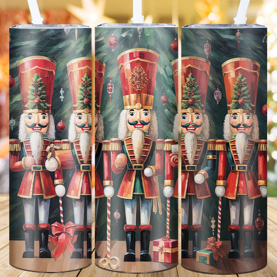 20oz Christmas Tree & Nutcracker Tumblers  Straw Lid 1Pc Festive Coffee Cups Stainless Skinny Straight Drink Mugs Milk Cups