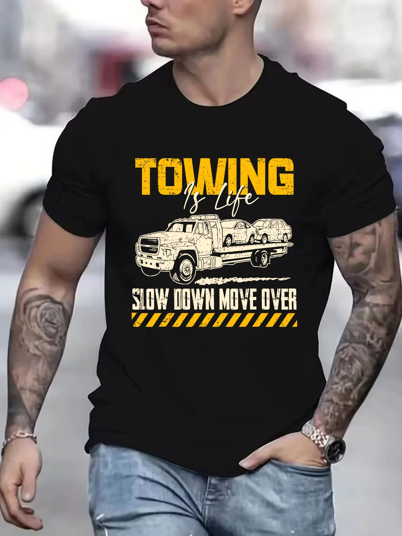 

Mens Towing is Life Graphic T-Shirt - Heavy Duty Truck Design, Bold Towing is LifeSlow Move Over Text - Crew Neck Casual Tee