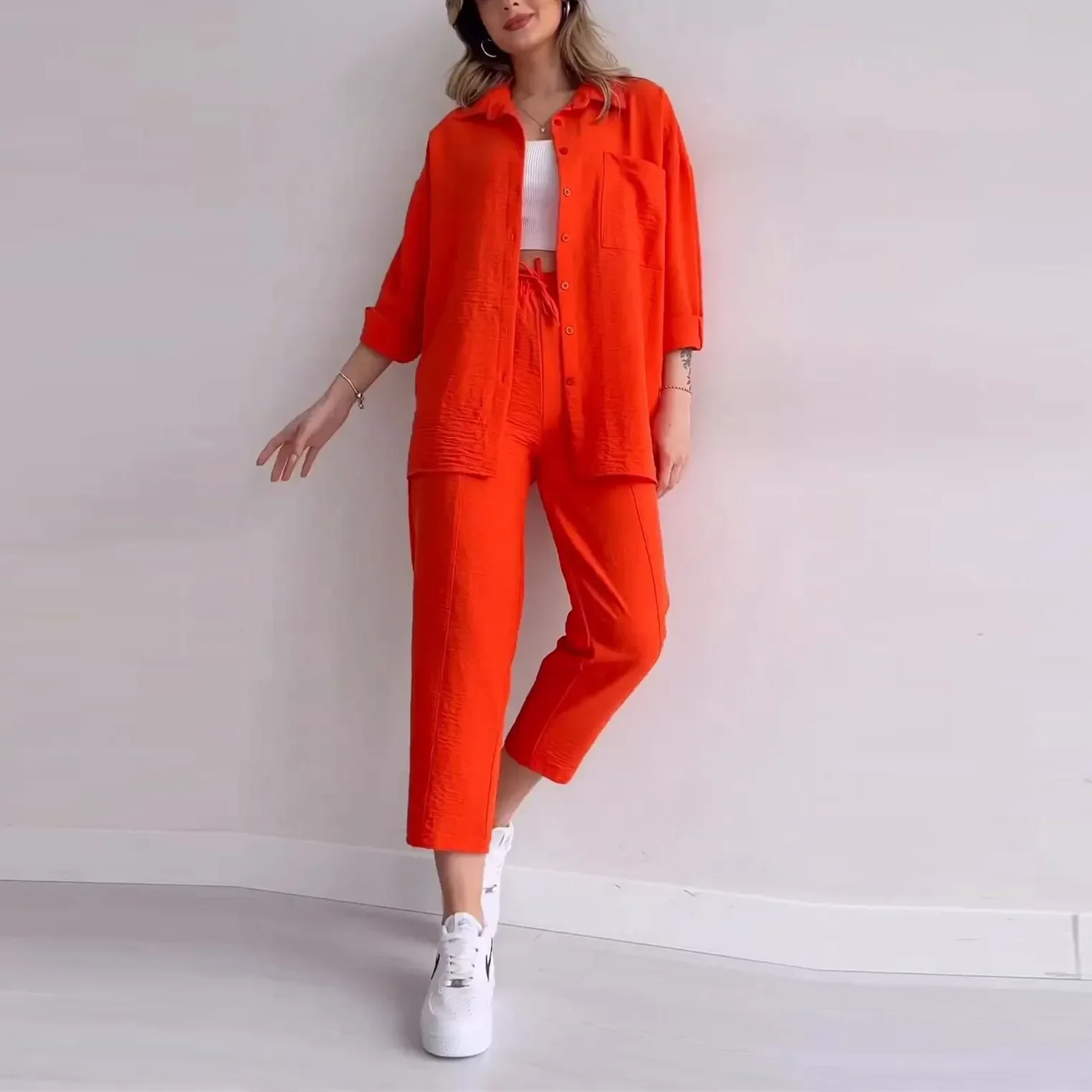 Two-Piece Solid Pant Sets for Women, Turn Down Collar, Loose Fit Outfits, Blouse Suit, Lace-up, Nine-point Pantsuit, Spring