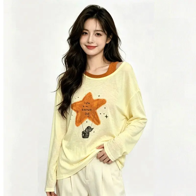 Printed Korean Long-sleeve 2026 Coverall New Loose Cartoon T-shirt Five-pointed Star Sloping Shoulder 2 Piece Set