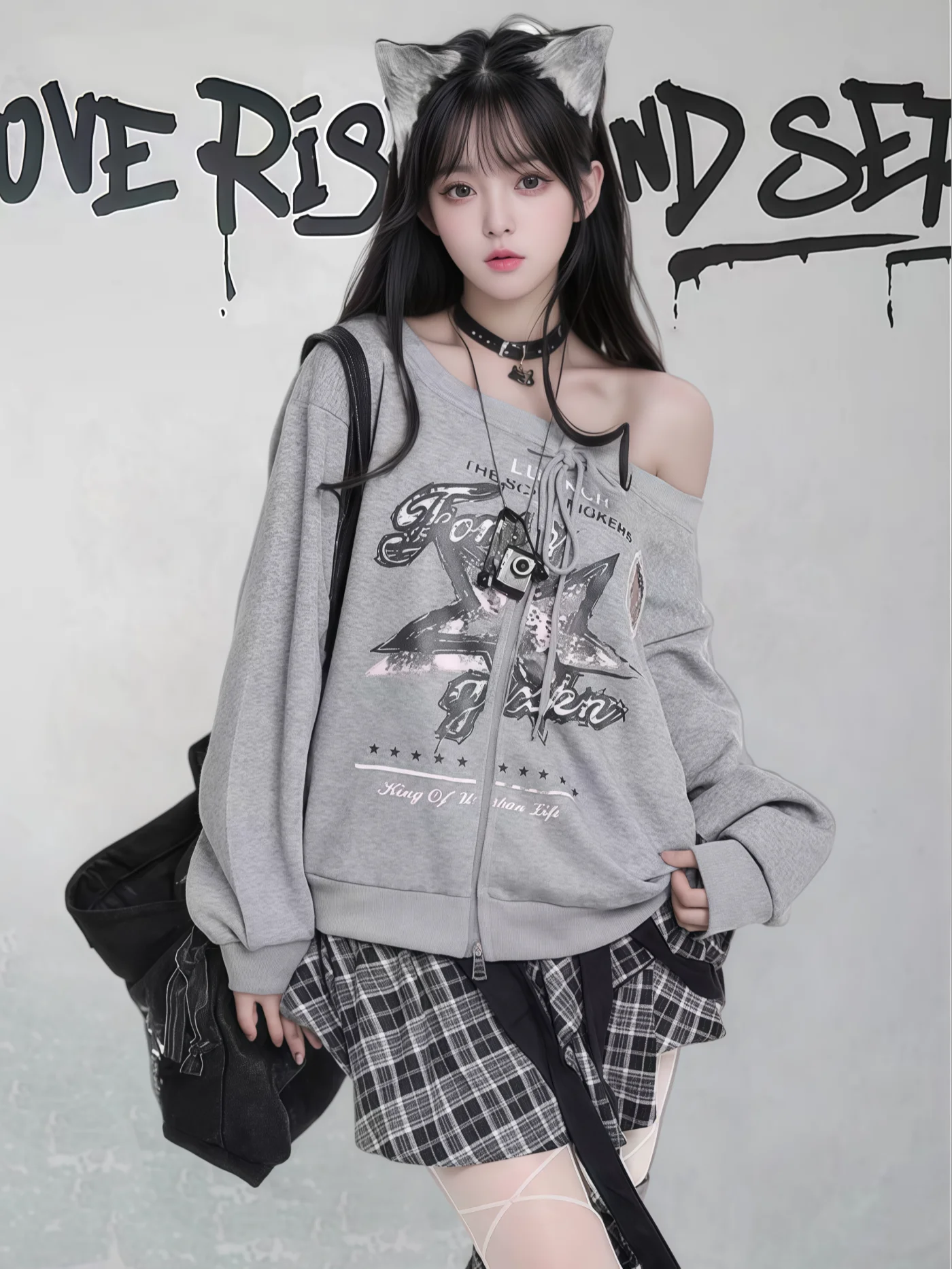 American Preppy Style Retro Star Print Off-Shoulder Long Sleeve Sweatshirt Lazy Loose Casual Lace-up Zipper Jacket Women Autumn