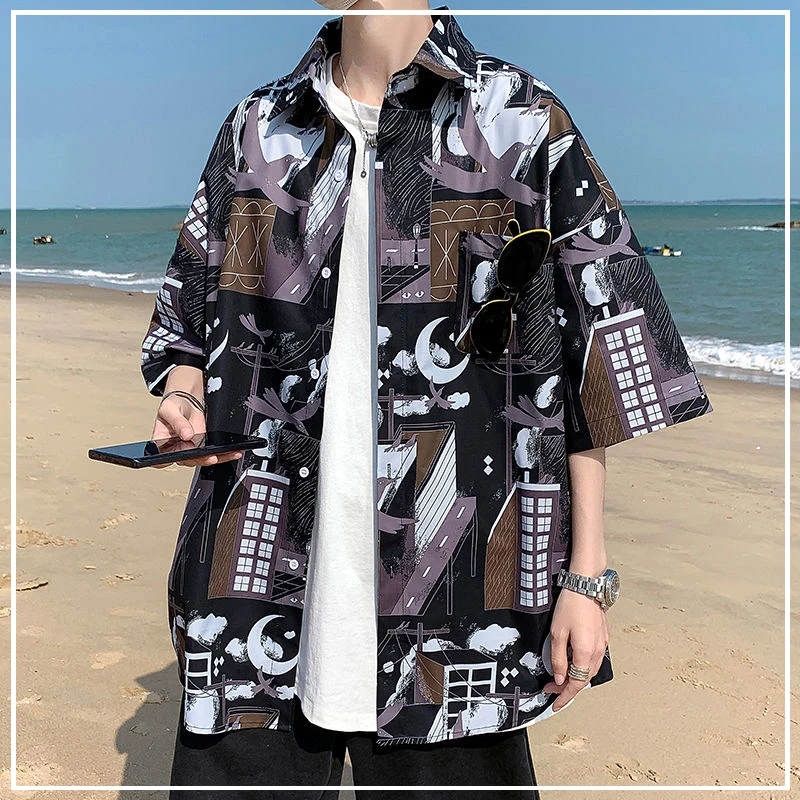 

2024 New Summer Literary Japanese Hong Kong Fashion Trend Flip Collar Comic Print Loose Casual Korean Short Sleeved Shirt