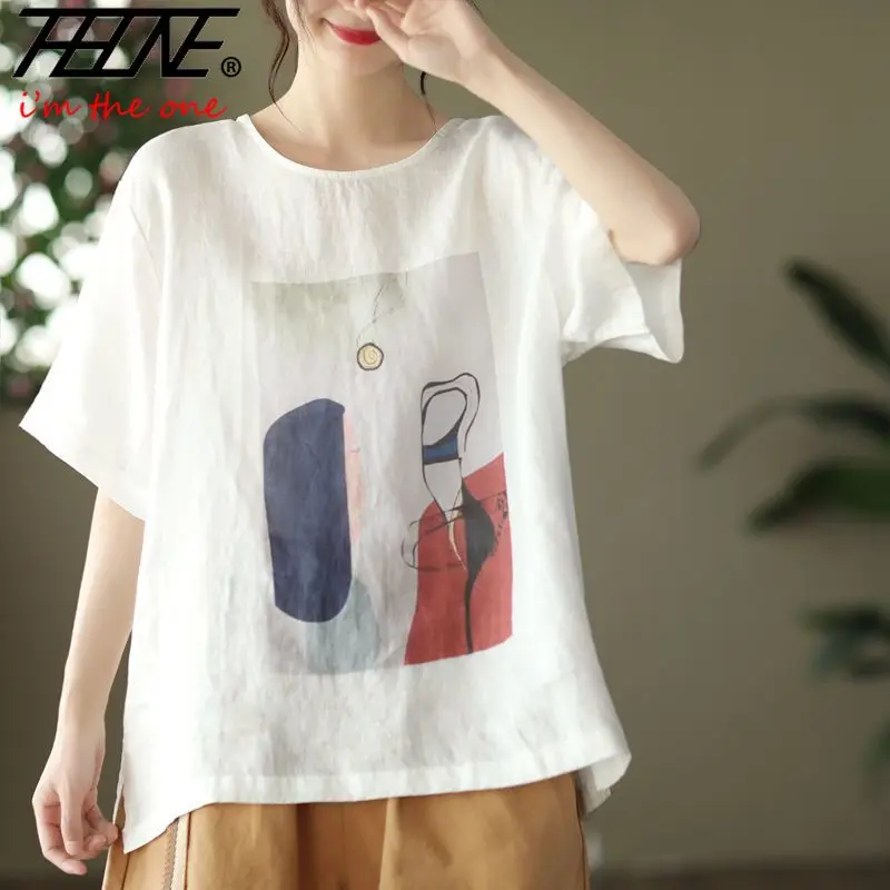 T-Shirts Summer Women\'s Clothing Cotton Linen Casual Fashion Woman Blouse 2023 O-Neck Short Sleeve Loose Vintage Cartoon