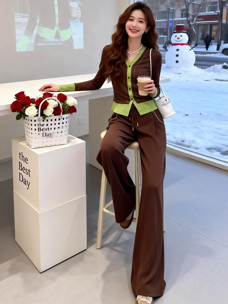 

Модный комплект из топа с V-образным вырезом и широких брюк для женщин: элегантный весенний стиль, высокая талия, комфортный, длинный рукав.