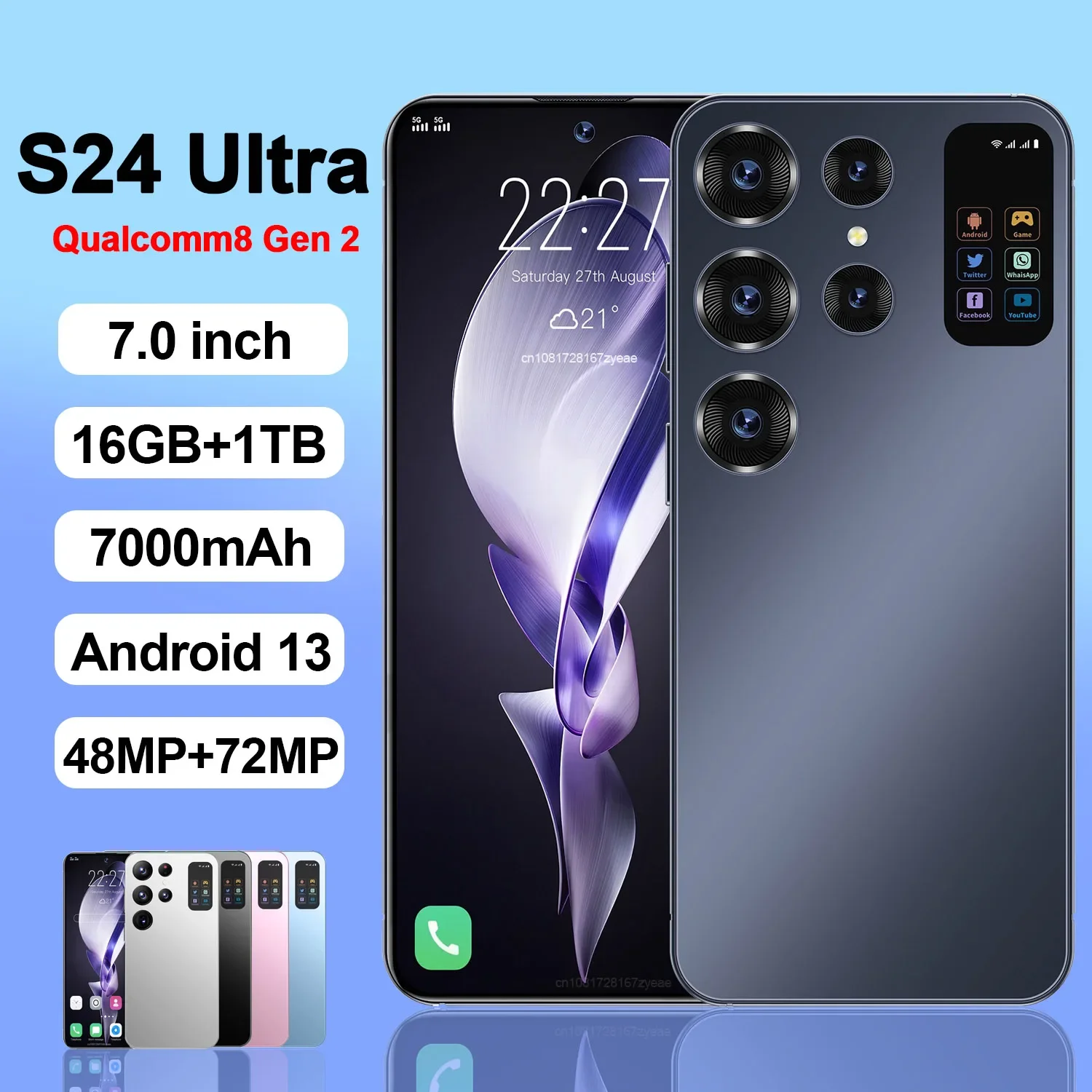 

Original S24 Ultra Smartphone Qualcomm8 Gen2 16GB+1TB 7000mAh 48+72MP Dual SIM Dual Standby 5G Android13 Globalversion NFC Phone