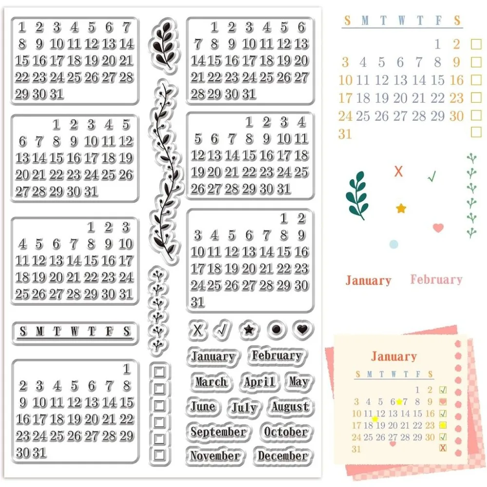 Calendar Clear Stamps Sheets Reusable Transparent Rubber Planner Week Month Date Number January December Stamp Seals for DIY