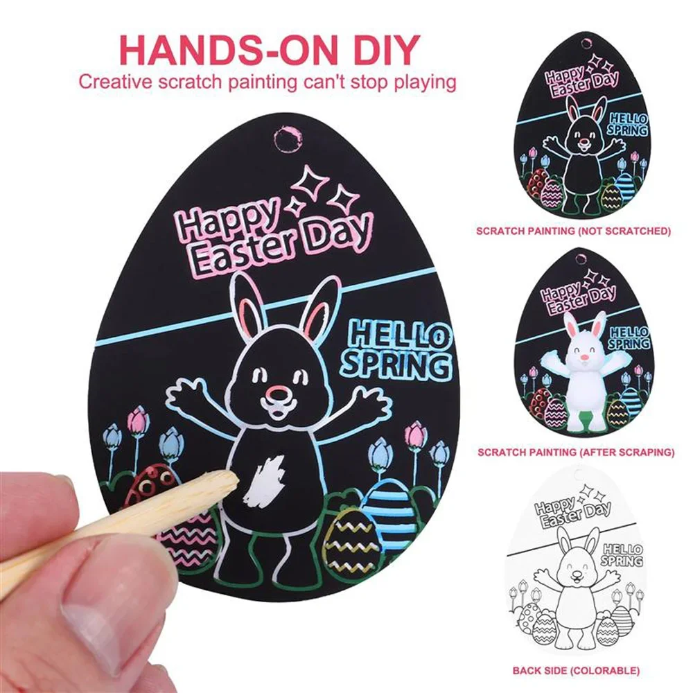 60pcs DIY With Wooden Stick Painting For Kids Scratch Paper Easter Crafts Kit Party Supplies Scratch Off Card