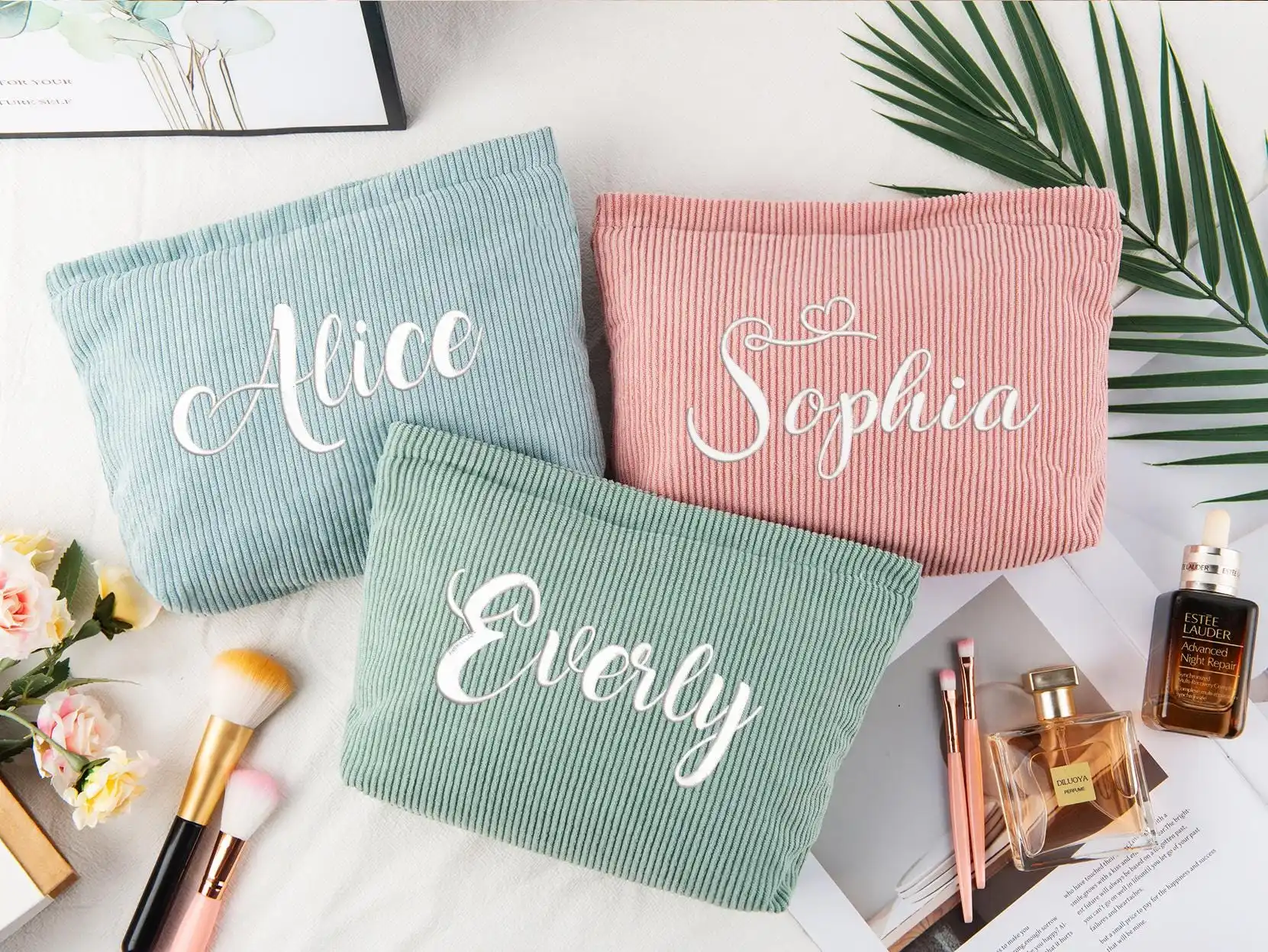 Personalized Embroidered Corduroy Makeup Bag, Top-Handle Bags Bridesmaid Cosmetic Pouch Women's Handbags