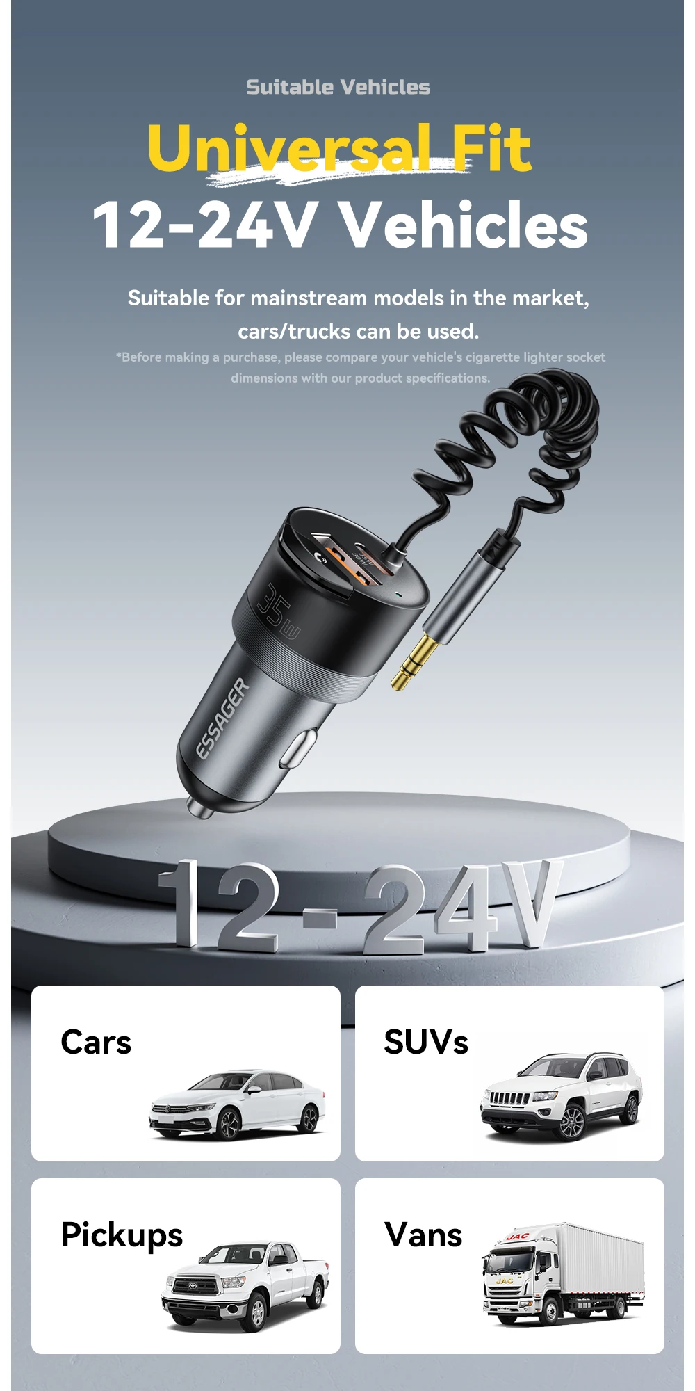 Essager Bluetooth 5.3 Car Charger 3.5mm AUX Adapter PD35W QC30W Car Fast Charger for iPhone 16 15 Pro Huawei Xiaomi Samsung iPad