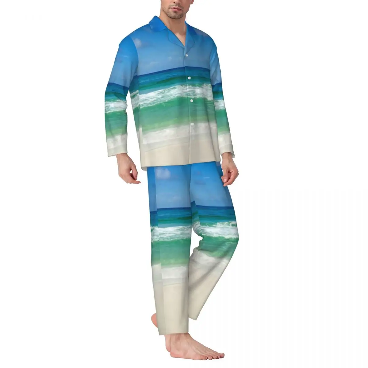 Pajamas Men Beach Photography Sleep Sleepwear Blue Skies With Waves 2 Pieces Casual Pajama Sets Long-Sleeve Oversized Home Suit