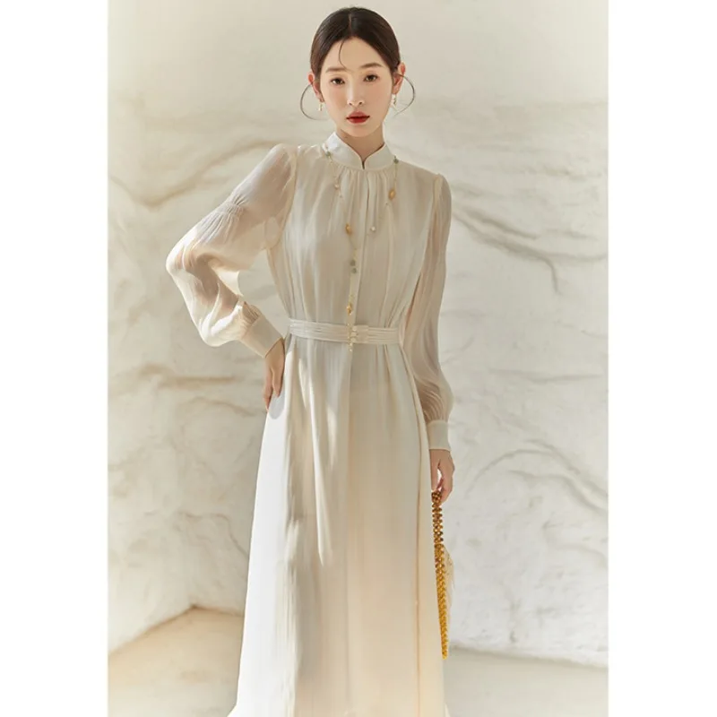 Women's Dress 2024 Autumn Spring Elegant High End Retro Chinese Standing Neck Long Sleeved Simple Daily Dress Clothing