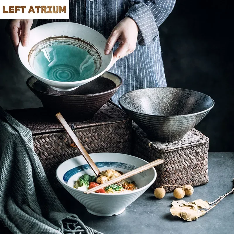 

Creative Ceramic Bowl Japanese Ramen Bowl Household Soup Noodle Large Bucket Horn Bowl Tableware Set