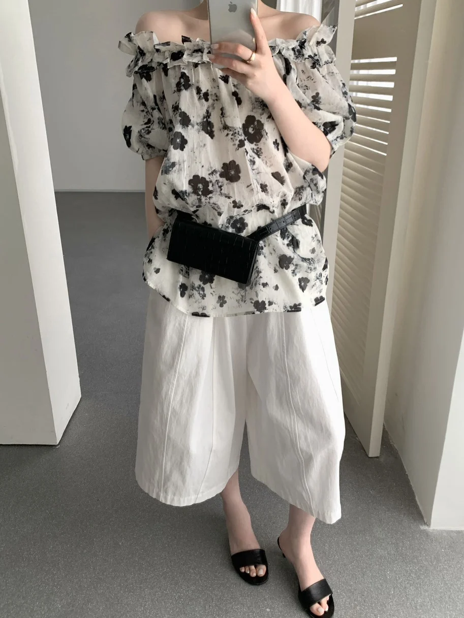 

French Style Loose Fit Linen Shirt Women's Shoulder Bared One-Shoulder Short Sleeve Bubble Sleeve Breathable Summer Top