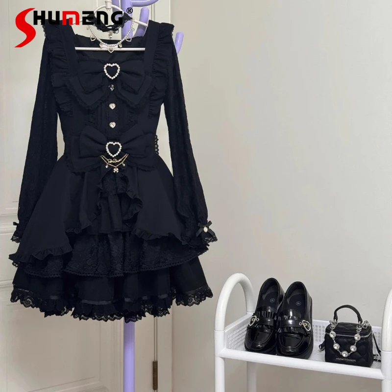 

Japanese Liz Lolita Dress and Skirt 2-Piece Set for Women Spring and Autumn Girls Slimming Cute Big Bow Pearl Party Dress Set