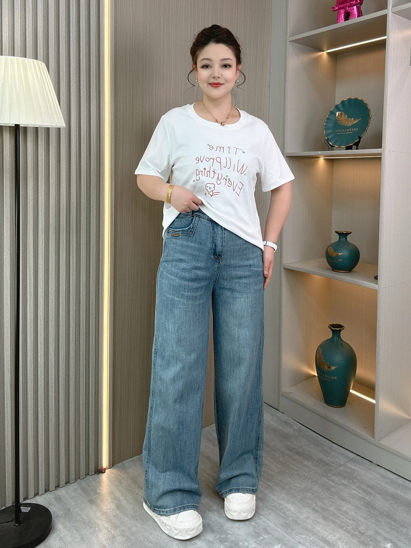 

High Waist Straight Leg Casual Wide Leg Jeans plus Size Women's Loose Slimming Spring Fashion High Elasticity Breathable