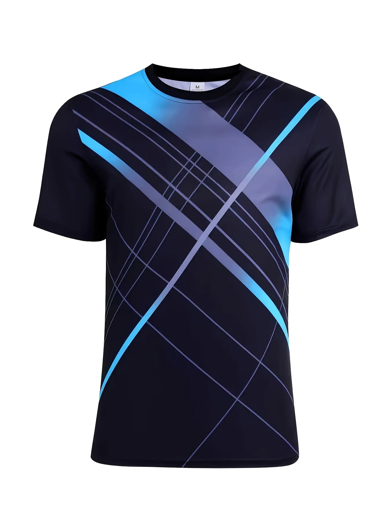 T-shirt de sport pour hommes, haute élasticité, séchage rapide, respirant, jersey noir et bleu, imprimé lignes diagonales, haut d'entraînement pour la gym