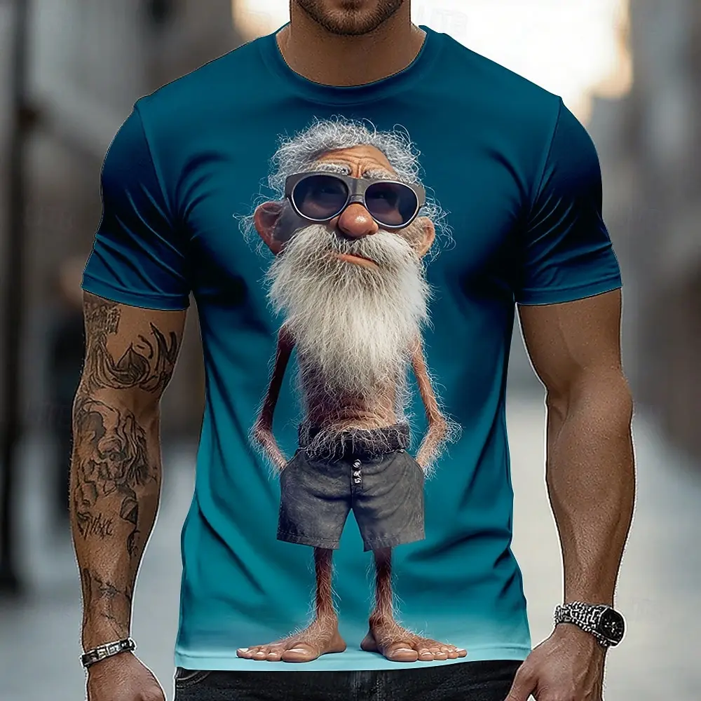 Men's Funny 3D Bearded Grandpa Graphic T-Shirt Crew Neck Short Sleeve Quirky Design Casual Holiday Tee for Spring & Summer