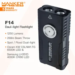 Manker F14 Spot/Flood Dual-light LED Flashlight, 1250 Lumens 268m Beam Throw, Built-in Rechargeable Battery, Magnetic Tail, EDC