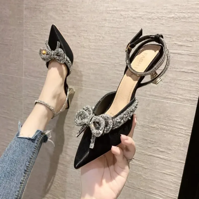 

New Women Shoes Exquisite Rhinestone Bow High Heeled Sandals for Woman Elegant French Casual Shoe Designer Shoes Sandalias Mujer