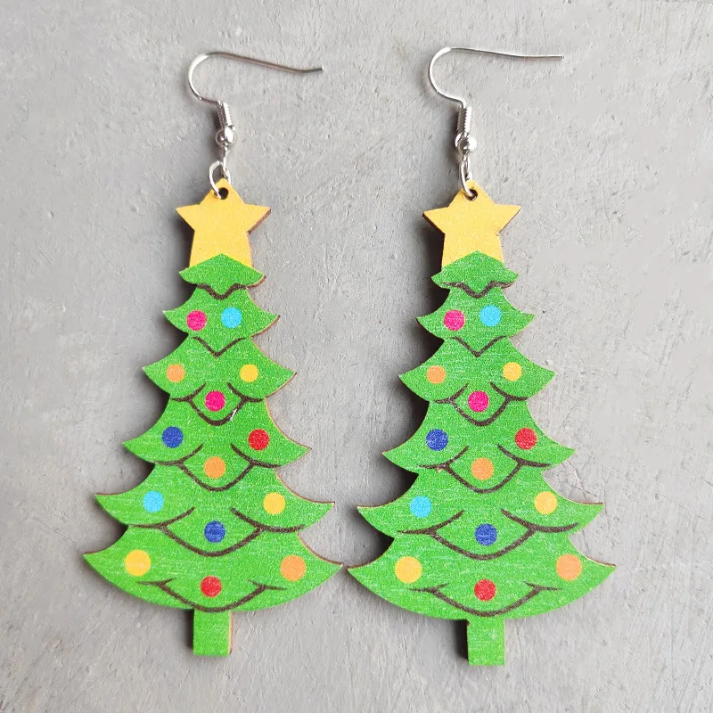 New Christmas Gnome Snowman Wooden Earrings Geometric Christmas Tree Santa Plaid Teardrop Earrings Jewelry Wholesale