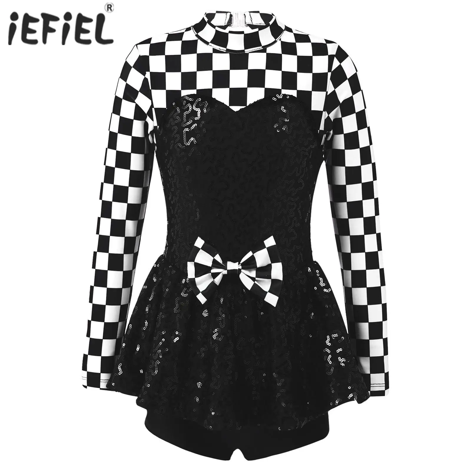 Kids Girls Sequins Race Car Driver Cosplay Costume Checkered Printed Bowknot Keyhole Back Unitard Bodysuit Ballet Jazz Dancewear