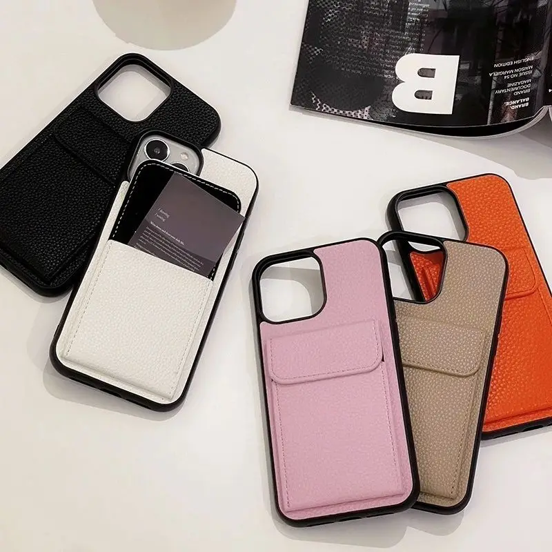 Fashion Leather Lychee Pattern Card Insertion for iPhone 14 Phone Case iphone15promax Full Cover iPhone11 Luxury iPhone 12promax