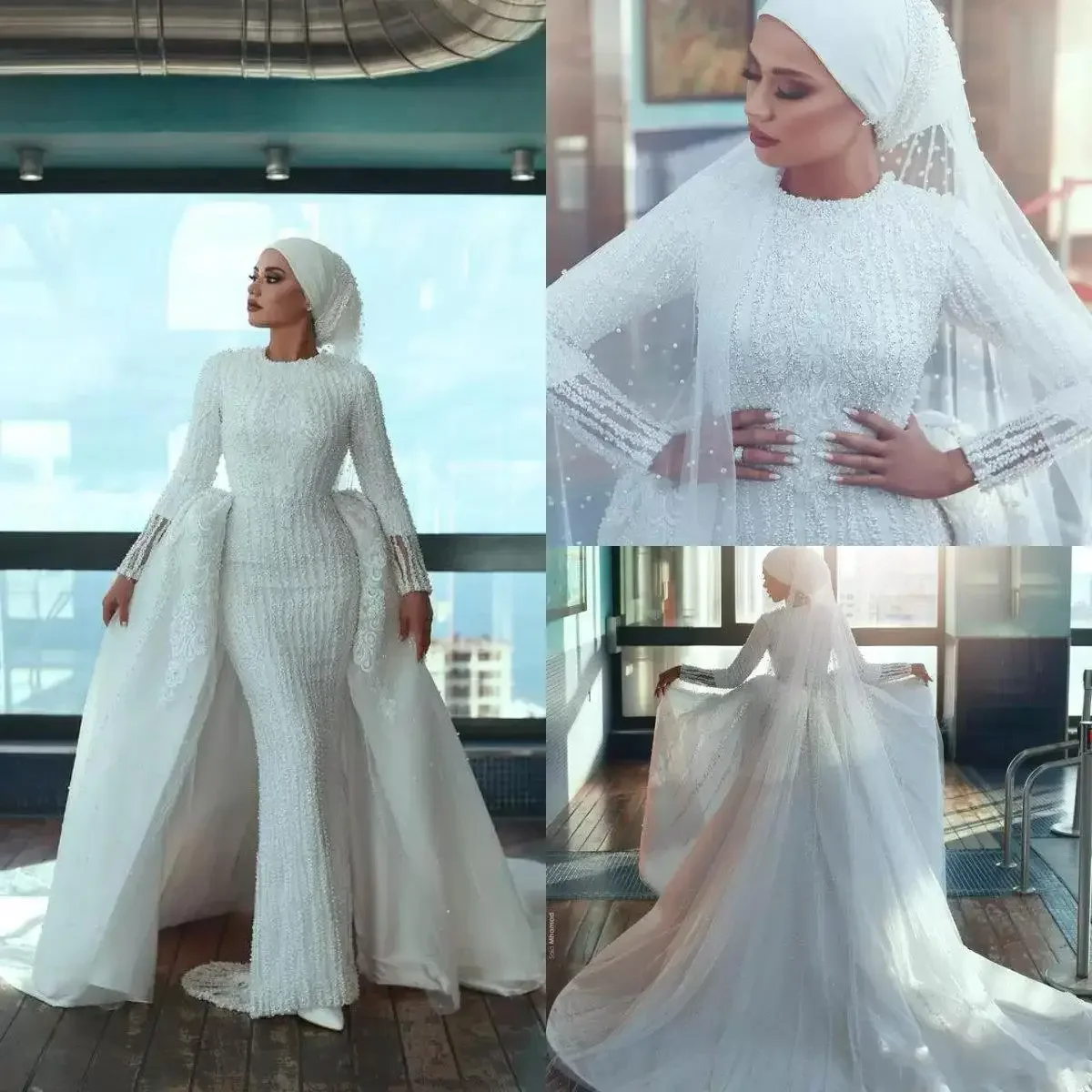 

Роскошные мусульманские свадебные платья русалки по индивидуальному заказу со съемным шлейфом и высоким воротом, кружево, бисер, цветочный, с длинным рукавом, арабское свадебное платье V