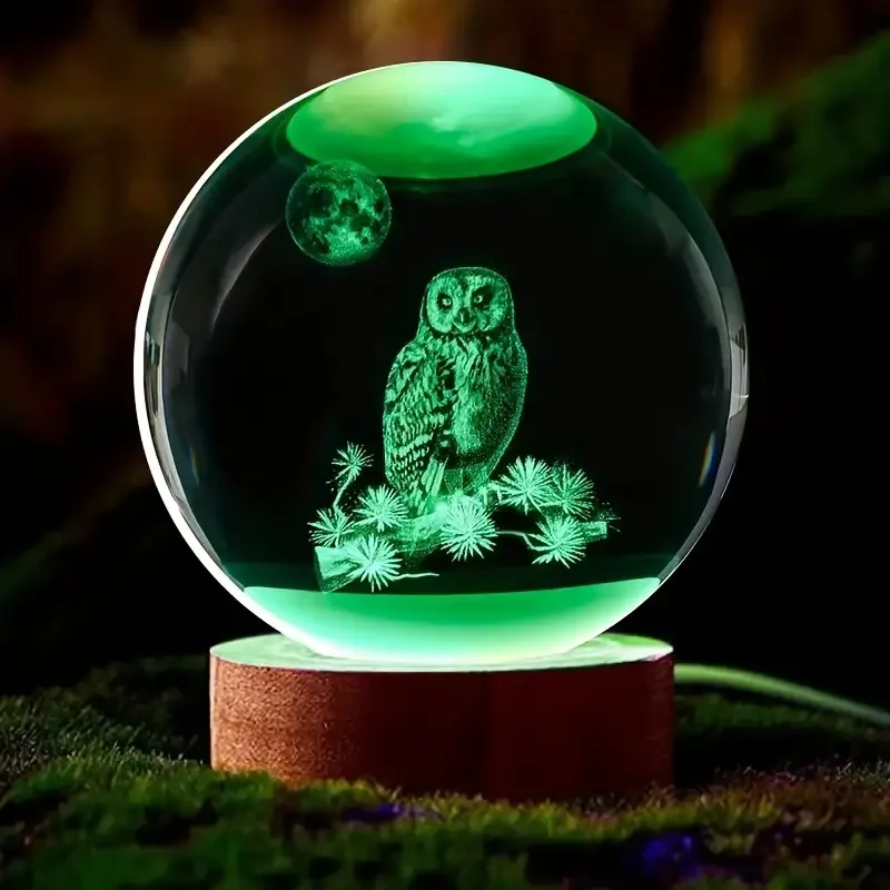 1 pc 3D Owl Crystal ball color laser engraving nightlight, holiday gifts for friends, family, home decoration nightlight