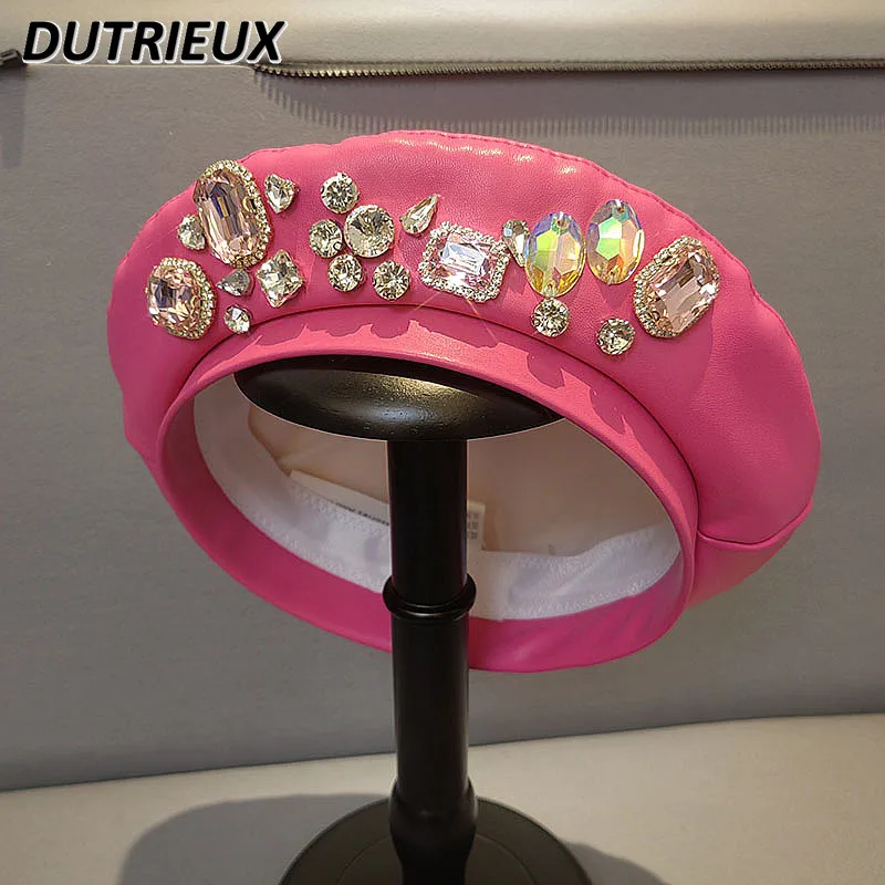 2023 New Rhinestone Beret Sweet Pink PU Leather Painter Cap South Korean Girl\'s Team Fashion Flat-Top Hat for Autumn and Winter