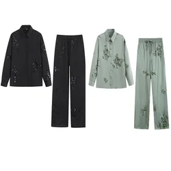 Women's Two Piece Set 2024 Fashion Beaded Printed Satin Loose Vintage Long Sleeve Button Blouse Chic Top Tie Wide Leg Pants Set