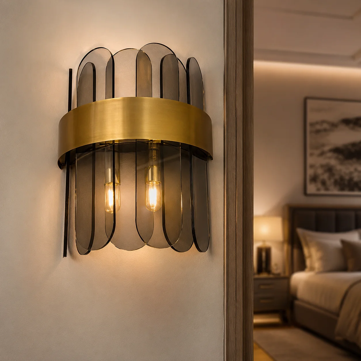 Gold Hardware Textured Glass Wall Sconce, 2‑Light G9 Wall Lamp 3‑Color Temperature for Bedroom Hallway Decor