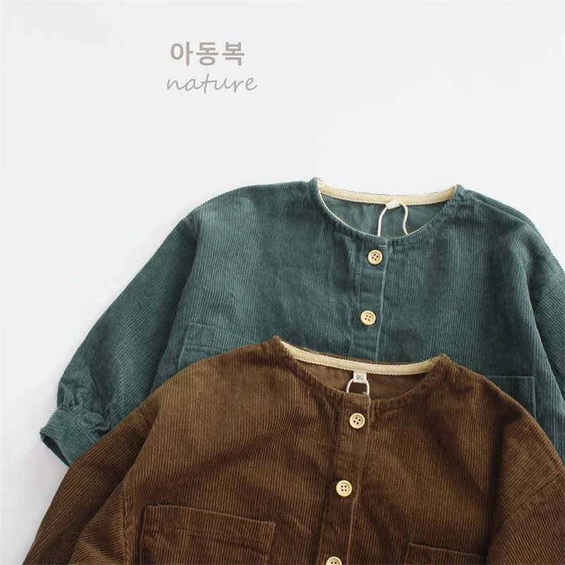 2026 Spring Autumn New Children's Coat Boys' Coat Korean Solid Corduroy Round Neck Buckle Girls' Top