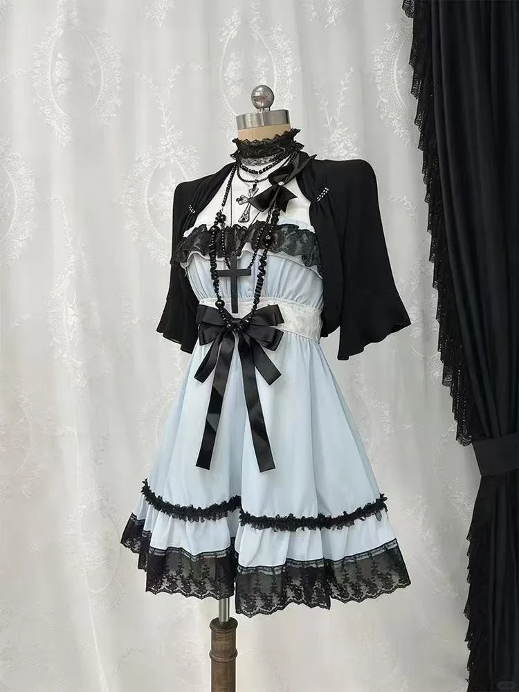 Gothic Punk Fashion Cute 2 Piece Set Women Lolita Bow Design Blue Dress + Black Cardigan Harajuku Vintage Casual Outfits Summer view 3