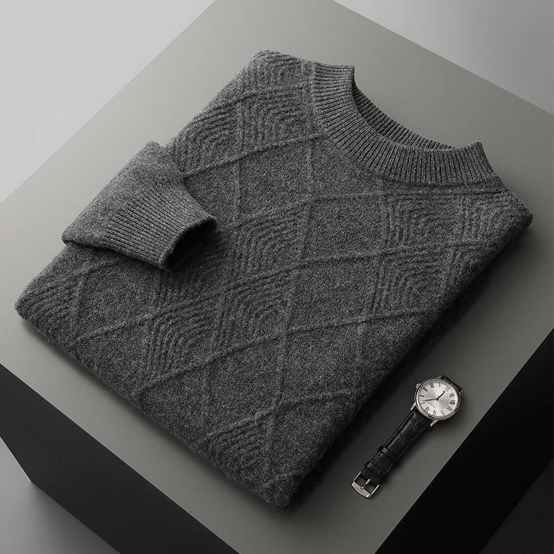 Thickened diamond shape Autumn/winter new 100% Merino wool cashmere sweater men's O-neck pullover warm bottom knit shirt top