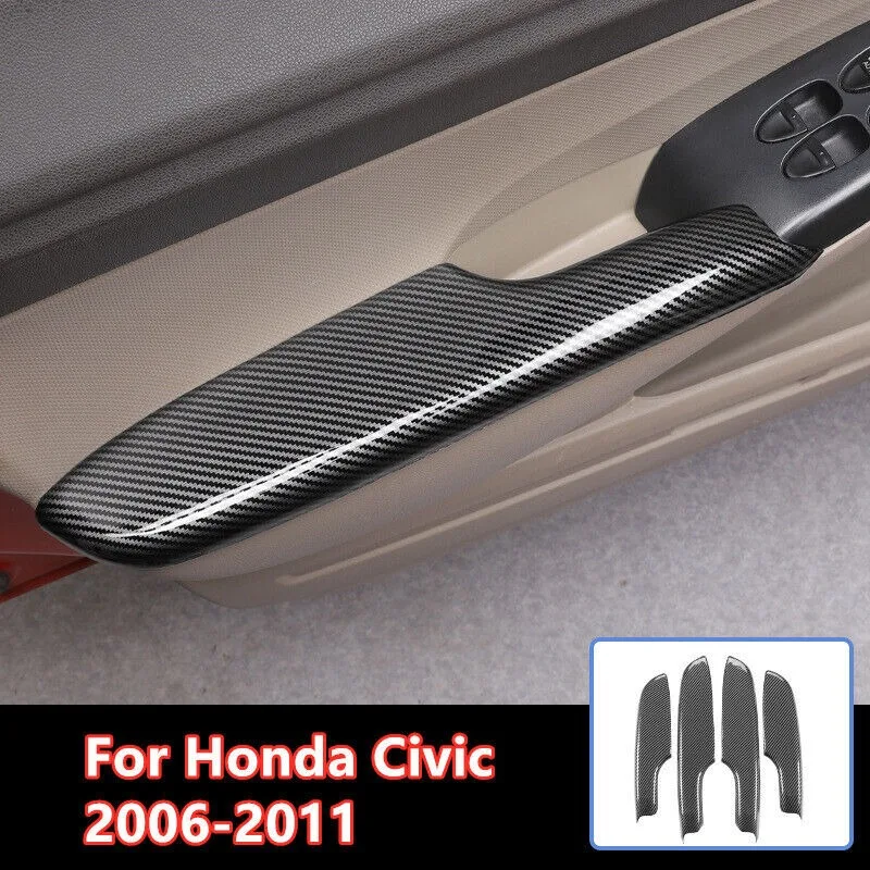 

4X Carbon Fiber Door Armrest Panel Cover Trim Decor For Honda Civic 2006-2011