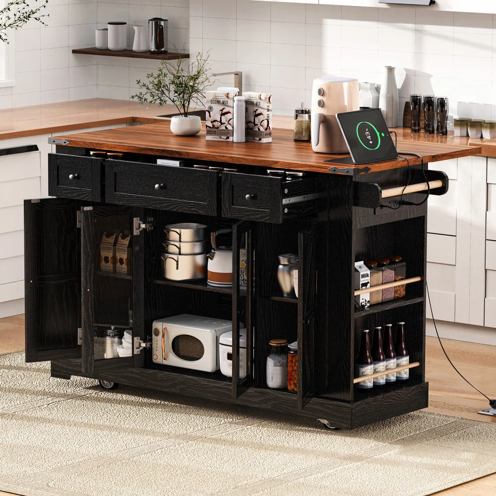 

53'' Farmhouse Kitchen Island with Two Tempered Glass Cabinet Doors, Power Outlet, Rolling Kitchen Cart on Wheels with Drop Leaf