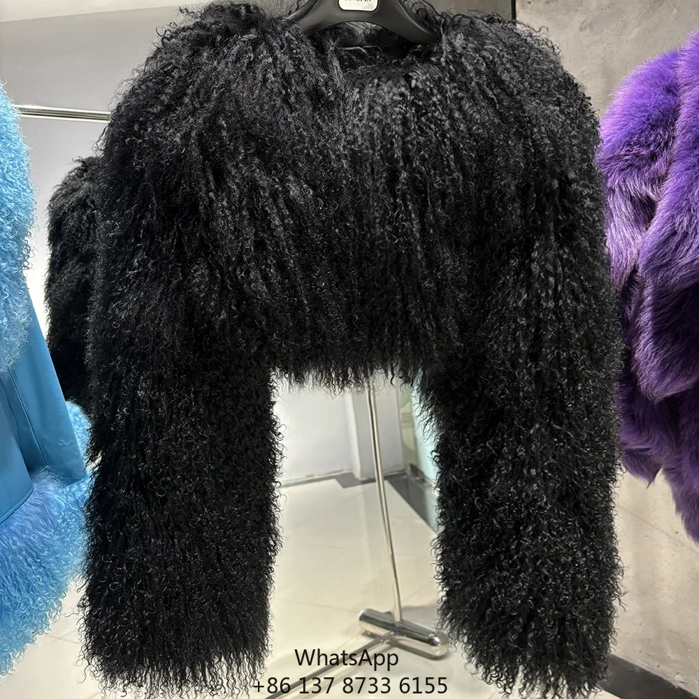 

2025 Woman Winter Fur Short Coats Fur Coat Black Sheep Coat Natural Mongolian Fur