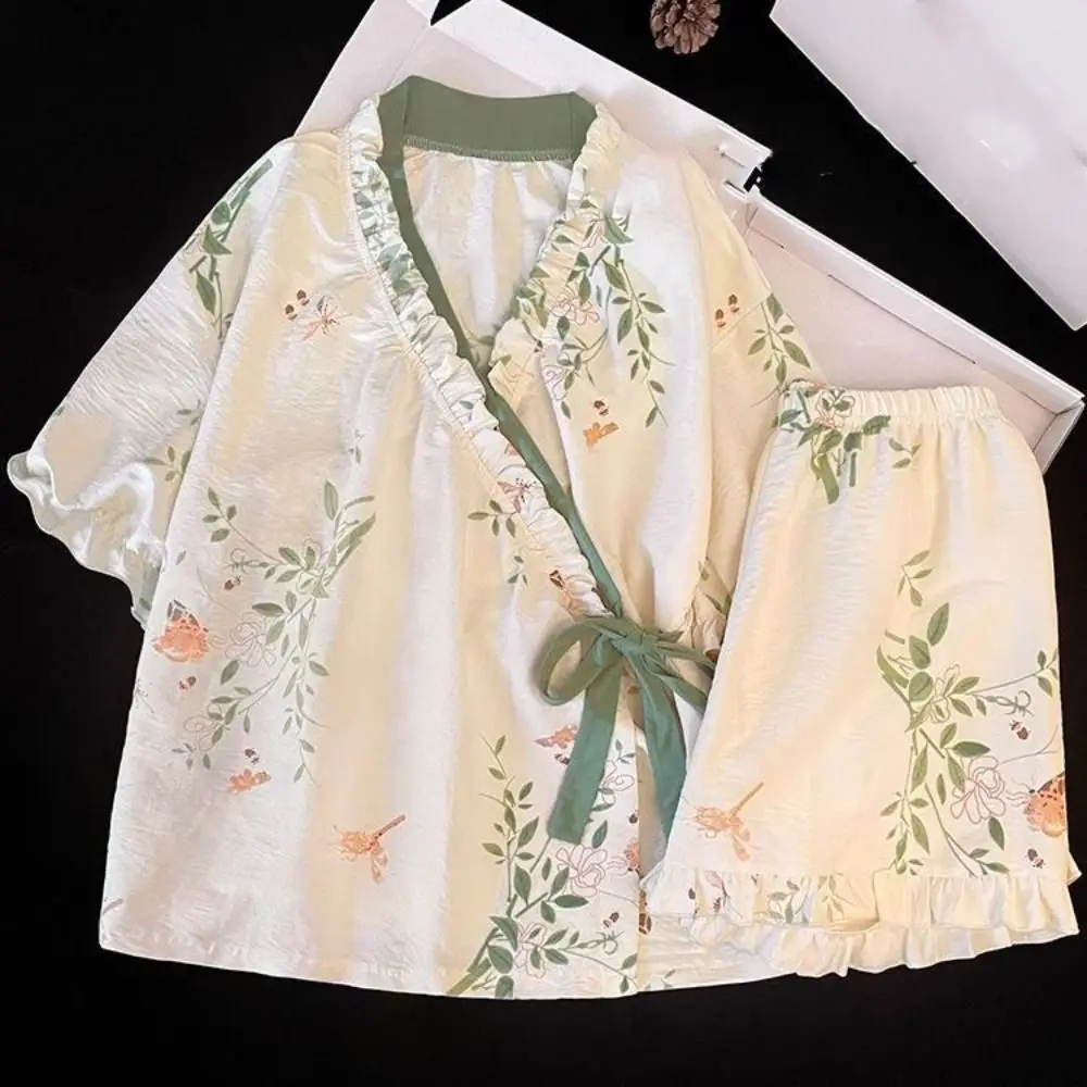 New Chinese Style Lace Up Pajama Suit Flower V-Neck Shorts Sleeve Nightwear Reffle Women Homewear Two Pieces Sleepwear Sets Home