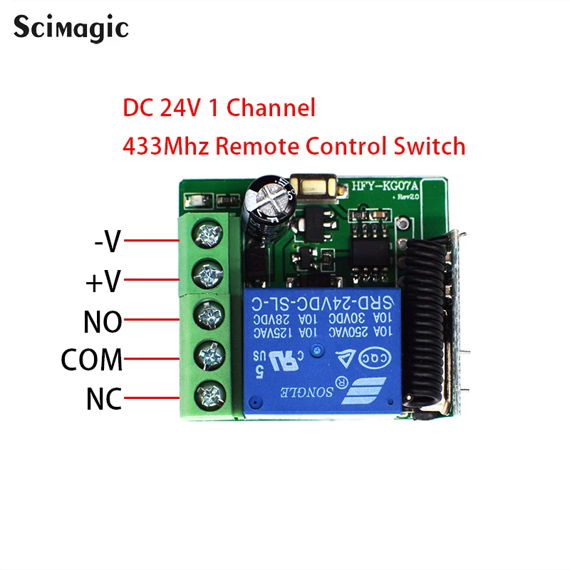Módulo receptor de Control remoto inalámbrico de 1 canal, salida de relé de 10A, módulo receptor de Radio + Control remoto RF433MHz, CC de 12V y 24V