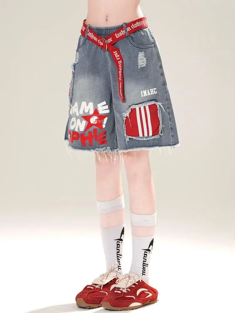 アメリカのバディスタイルユーズド加工デニムショーツ女性の Y2K 美学ハイウエスト A ラインルーズフィットパンツストリート原宿レトロ