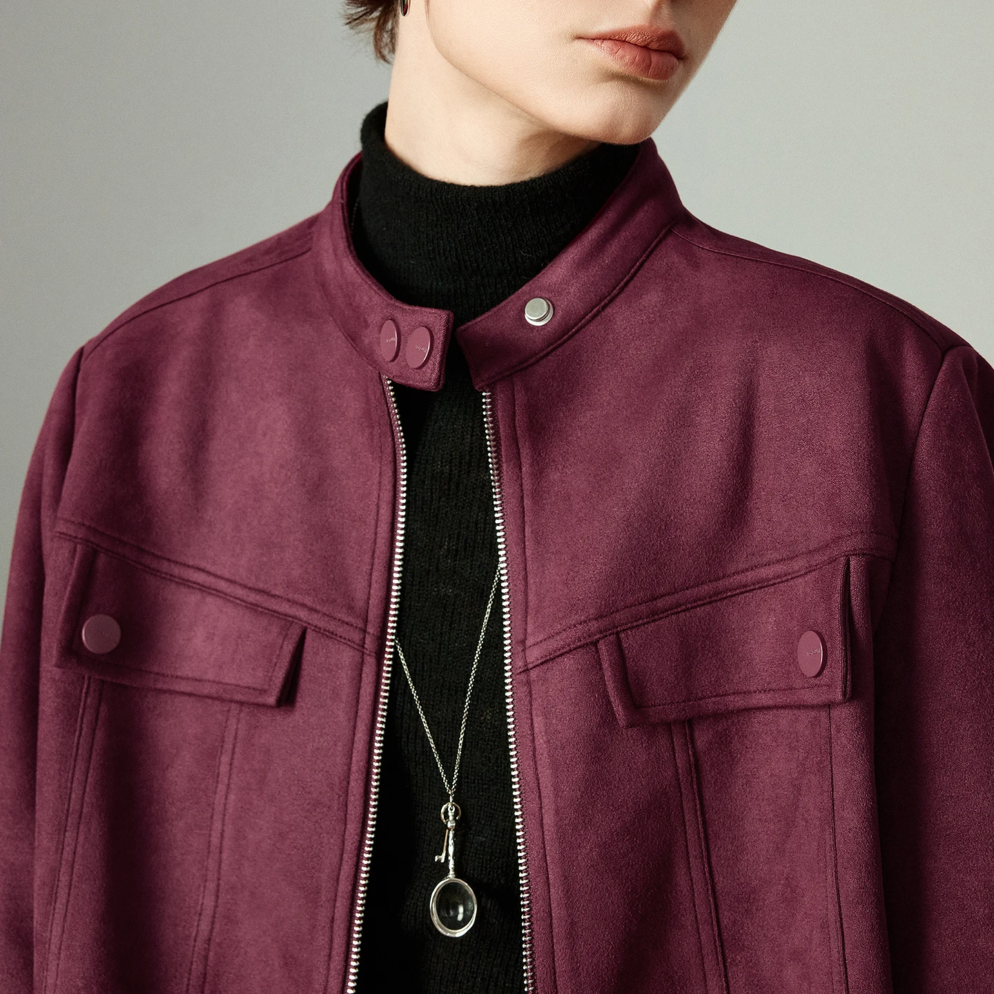 TOYOUTH Giacche da donna 2025 Inverno Nuova cerniera Colletto rialzato Capispalla retrò azzurro in pelle scamosciata