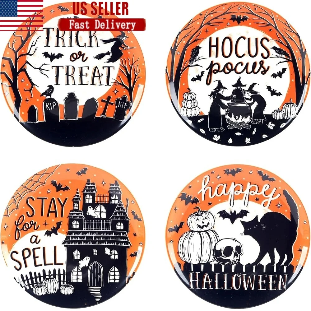 

Halloween 9 Inch Salad Dessert Plates Set of 4 Enchanting Designs Durable Ceramic Collectible Decor Gift Halloween Enthusiasts